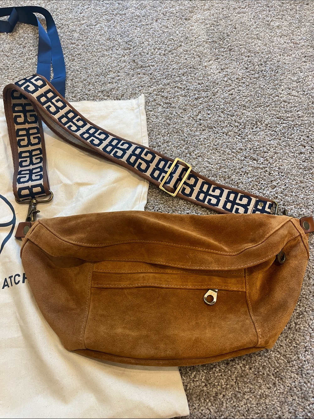 Parker Thatch caramel Suede Crossbody Belt Bag with Patterned Strap - Picture 2 of 7